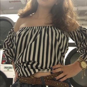 Off the shoulder black and white striped top